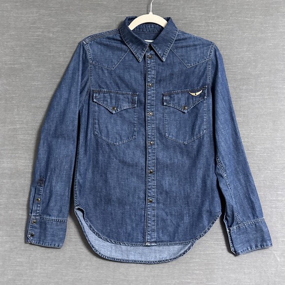 Zadig Voltaire Top XS Thelma‎ Denim Western Pearl Snap Country Cowgirl Casual - Picture 1 of 9